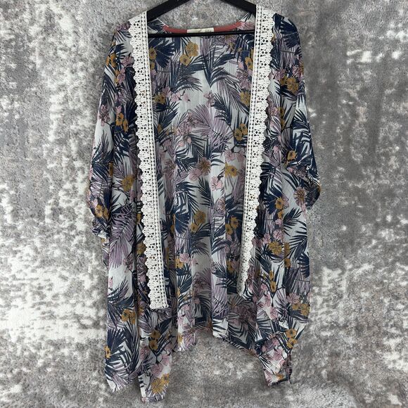 Rewind Size L Floral Tropical Open Front Cardigan Sweater Artsy Semi Sheer - Picture 1 of 10